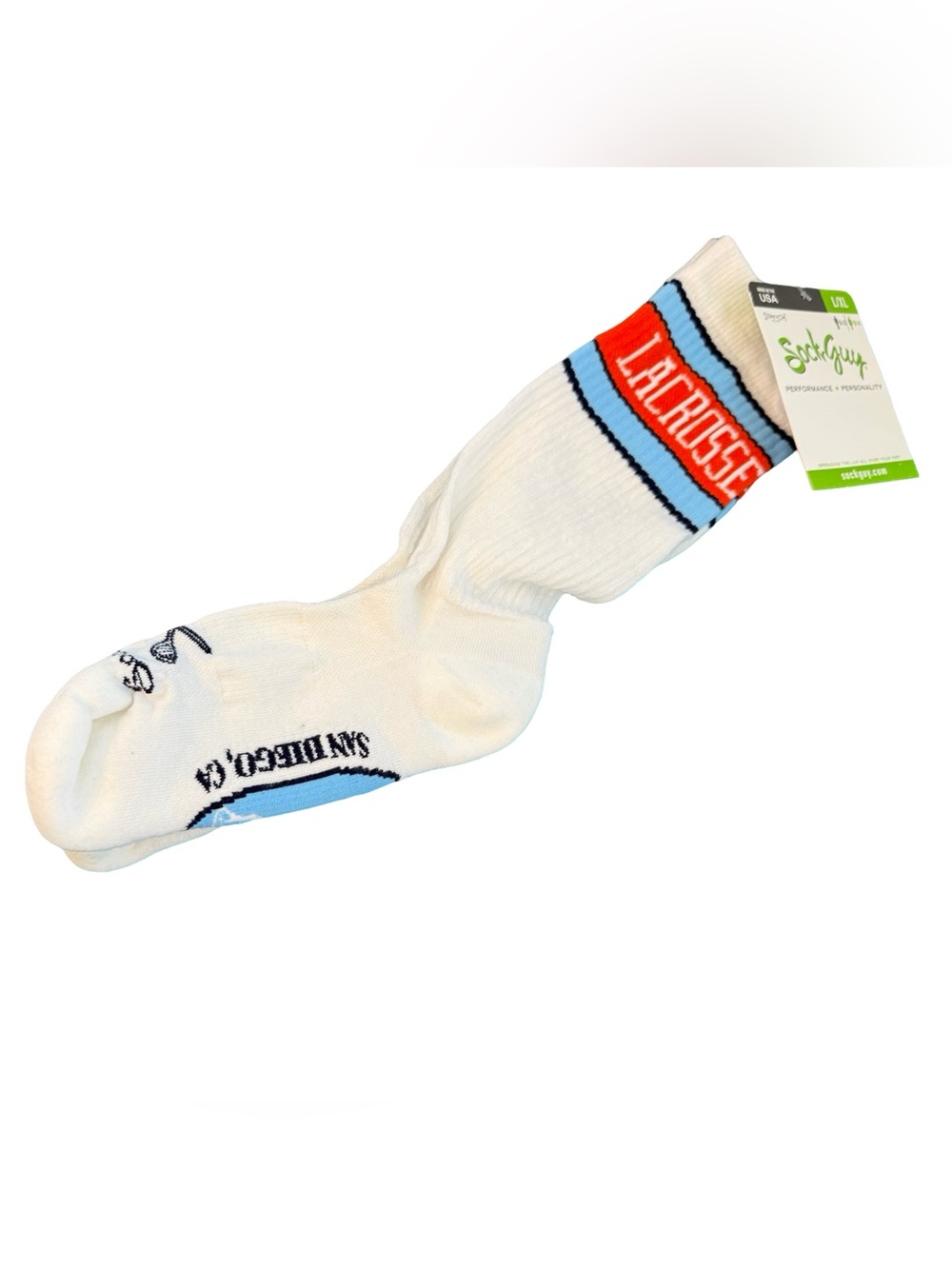 SockGuy Lacrosse Crew Socks White Blue Orange L/XL Made In USA NWT